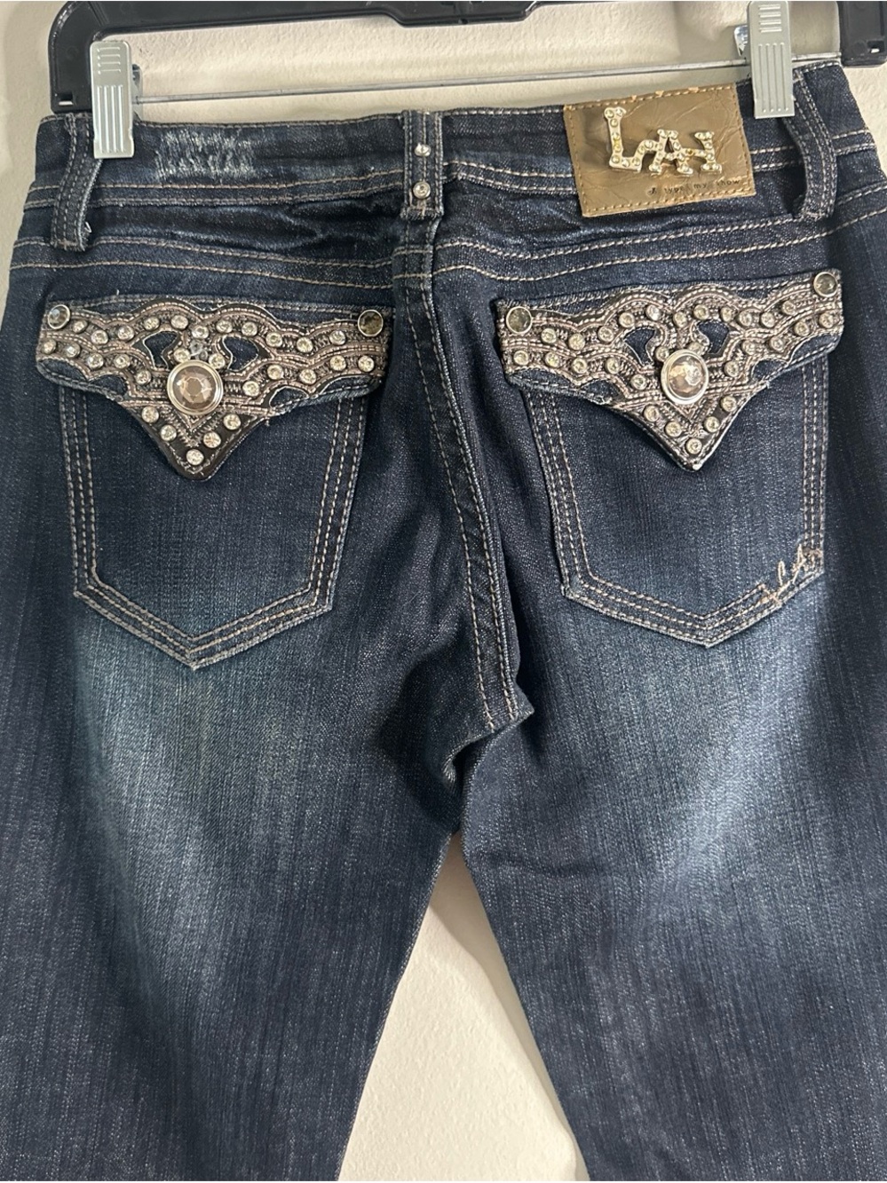L.A. idol Dark Blue Boot Cut Jeans with Embellished Pocket Flaps